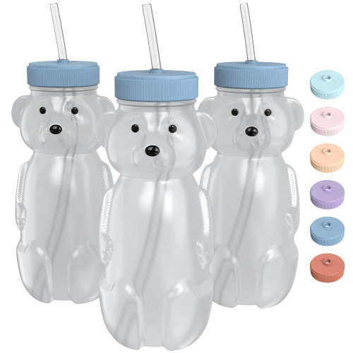 Honey Bear Straw Cup for Babies 3 pack;8oz straw bear cup with improved safety lid design; honeybear baby cup straw; honey bear cup; honey bear bottle.Straw learning therapy cup(Blueberry Pie-BLUE)