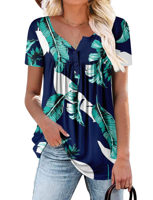ROSELINLIN Summer Tops for Women Flower Short Sleeve V Neck Green Leaves Blue Shirts Loose Fit XXL