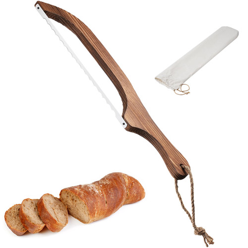Lnrueg Bread Bow Knife, 15.7 inch Fiddle Bow Serrated Bread Knife for Homemade Bread, Wooden Serrated Sourdough Cutter Bagel Slicer, Stainless Steel Bread Saw Tool with Bamboo Handle