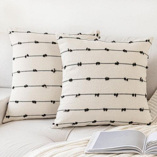YEENAASY Boho Throw Pillow Covers 18x18 Set of 2 Modern Farmhouse Decorative Cushion Case Tufted Square Pillows Cover Neutral Pillow Cases Accent Pillowcase for Sofa,Couch,Bed,Beige and Black