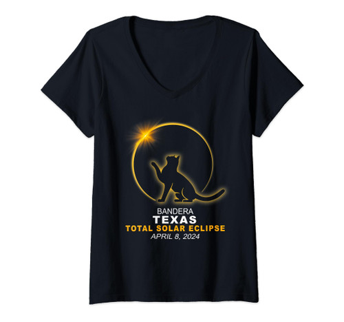Womens Bandera, Texas Cat Total Solar Eclipse 2024 V-Neck T-Shirt