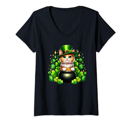 Womens Cat Saint Patrick's Day - Funny Cat St. Patty's Day V-Neck T-Shirt