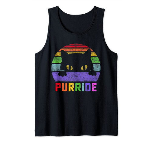 Pride Cat Purride Gay LGBTQ Rainbow Flag Retro Style Tank Top