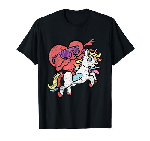 Heart Riding Unicorn Valentines Day Rainbow Love Women Girls T-Shirt