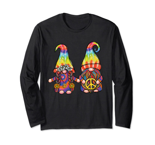 Hippie Gnome Couple Retro Groovy Tie Dye Rainbow Peace Gnome Long Sleeve T-Shirt