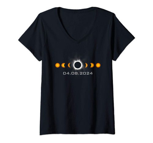 Womens Total Solar Eclipse April 8 2024 Sun Moon V-Neck T-Shirt