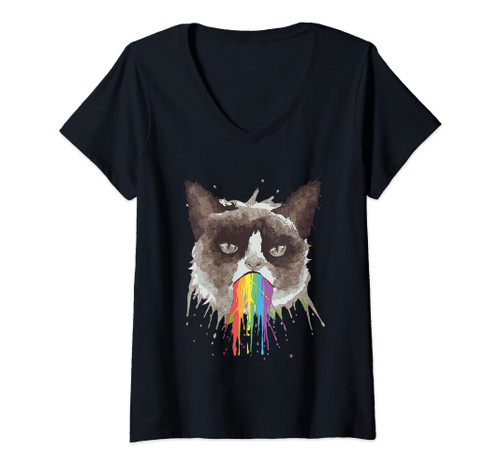 Womens Rainbow Puke Vomit Barf shirt, Grouchy Cat Puking Rainbows V-Neck T-Shirt
