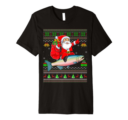 Funny Ugly Xmas Santa Riding Rainbow Trout Fish Christmas Premium T-Shirt Funny Ugly Xmas Santa Riding Rainbow Trout Fish Christmas Premium T-Shirt