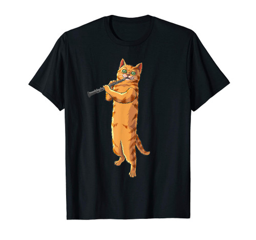 Funny Cat Playing Oboe | Cool Animal Pipe Musician Love Gift T-Shirt