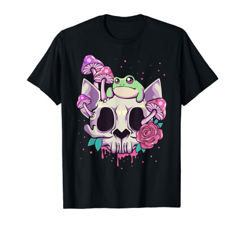 Pastel Goth Kawaii Frog On A Cat Skull with Mushroom T-Shirt