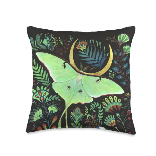 Moth Moon Flowers Vintage Botanical Moth Moon Flowers Astrology Celestial Vintage Botanical Throw Pillow, 16x16, Multicolor