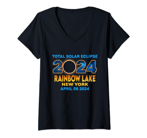 Womens Rainbow Lake New York Eclipse 2024 Total Solar Eclipse V-Neck T-Shirt