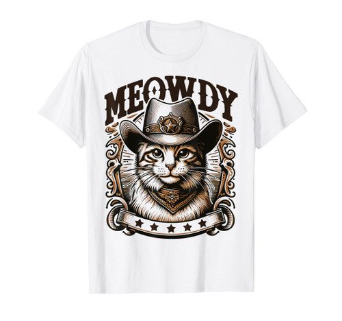 Meowdy Funny Cat Wearing Cowboy Hat Vintage Western Country T-Shirt