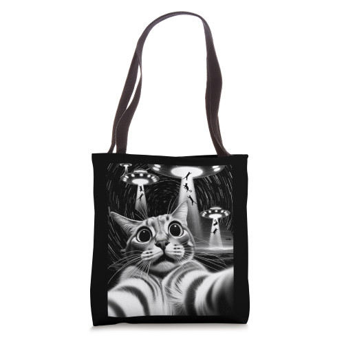 Cat UFO Invasion | Funny Cat Meme Retro Alien Cat UFO Selfie Tote Bag