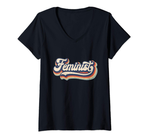Womens Feminist - Retro 70s Vintage Rainbow - Feminism Gift V-Neck T-Shirt