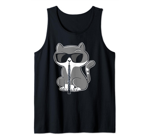 Cat Wearing Sunglasses and Playing Oboe for Oboist Cat Lover Tank Top