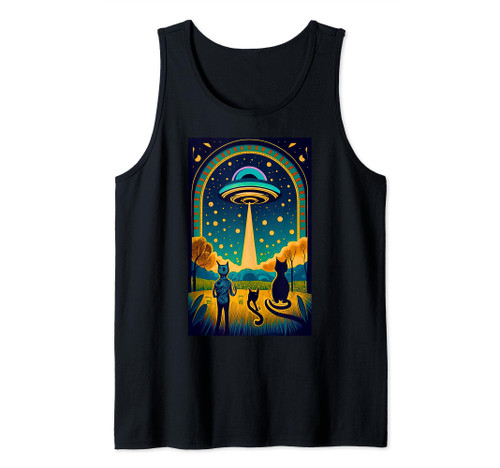 Funny Cat UFO Kitten Alien Van Gogh Starry Night Painting Tank Top