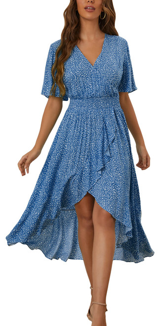 Kormei Women Short Sleeve V Neck Floral High Low Flowy Summer Party Long Maxi Dress L Blue&White Floral Kormei Women Short Sleeve V Neck Floral High Low Flowy Summer Party Long Maxi Dress L Blue&White Floral