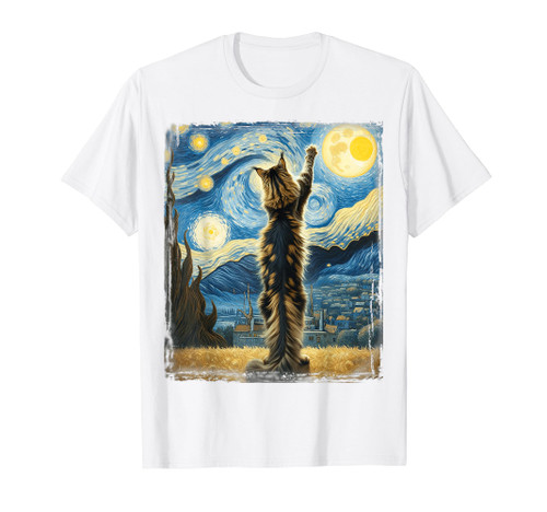 Van Gogh Starry Night Style Artistic Maine Coon Cat T-Shirt
