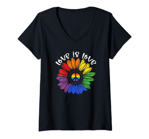 Womens Love Is Love Rainbow Sunflower LGBT Gay Lesbian Pride V-Neck T-Shirt