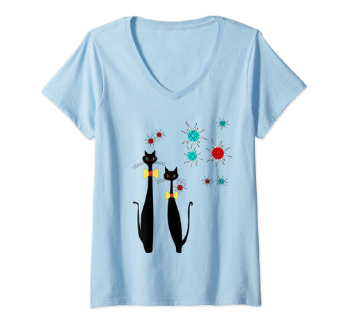 Womens Atomic Era Mid Century Modern Cool Cat Pair w/ Starbursts V-Neck T-Shirt