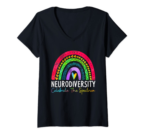 Womens Neurodiversity Shirt Autism Spectrum ASD ADHD Rainbow Boho V-Neck T-Shirt