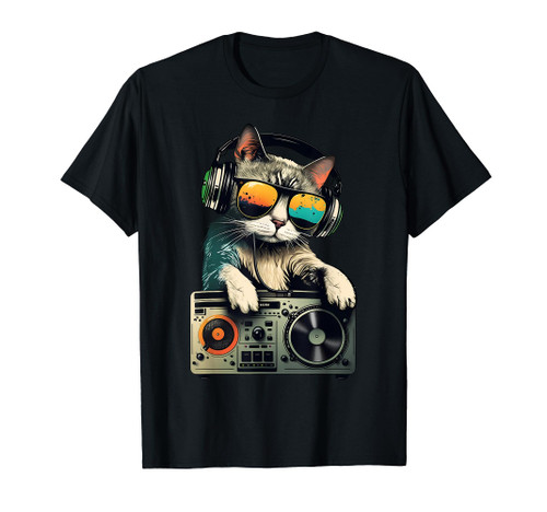 DJ Cat in Sunglasses, Cat DJ, Cat with Headphones boombox T-Shirt