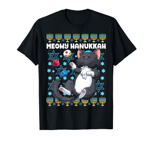 Meowy Hanukkah Cat Chanukah Jewish Cat Owner Menorah Kids T-Shirt