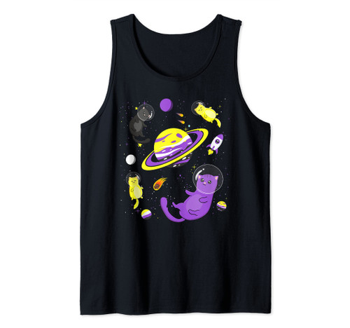 Funny Cat In Space Non-Binary Flag Agender Genderqueer Pride Tank Top