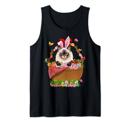 Cute Ragdoll Cat & Bunny Ears In Egg Basket Easter Day Kids Tank Top
