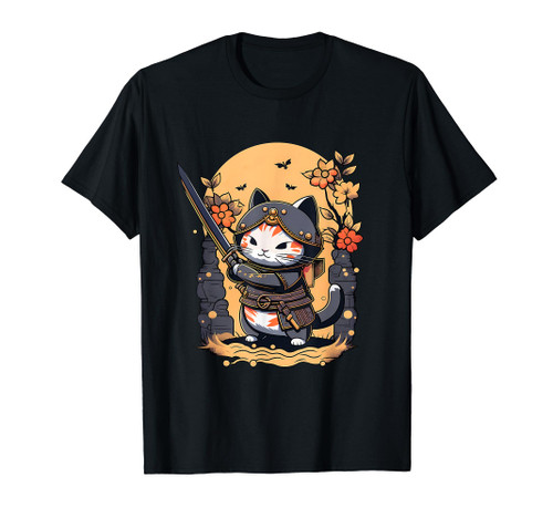 Kawaii Samurai Kitten, Ninja Cat Warrior, Retro Japanese T-Shirt