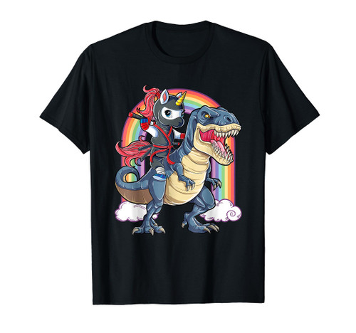 Ninja Unicorn Riding Dinosaur T rex Funny Men Women Rainbow T-Shirt