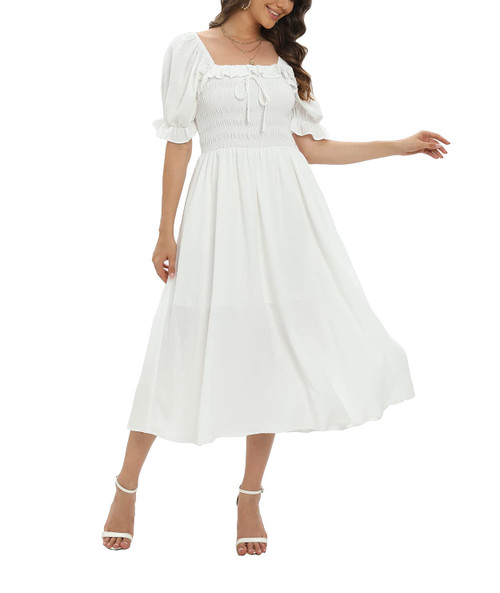 Womens Square Neck Long Dress Floral Print Vintage Puff Sleeve A-Line Dresses?White,XL