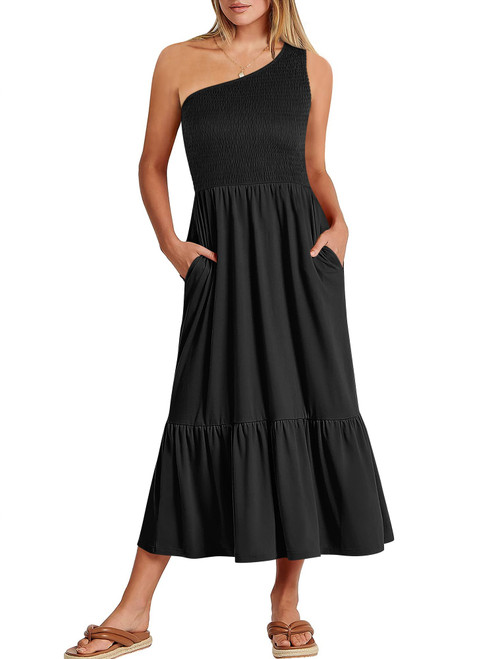 ANRABESS Maxi Dress for Women 2024 Summer One Shoulder Sleeveless Casual Smocked Ruffle Tiered Travel Party Beach Vacation Maternity Sun Dress 1328heise-S Black