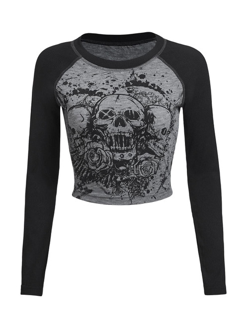 SOLY HUX Women's Y2K Shirt Gothic Long Sleeve Crop Tops Graphic Tees Skull Floral Print T Shirts Black and Grey S SOLY HUX Women's Y2K Shirt Gothic Long Sleeve Crop Tops Graphic Tees Skull Floral Print T Shirts Black and Grey S