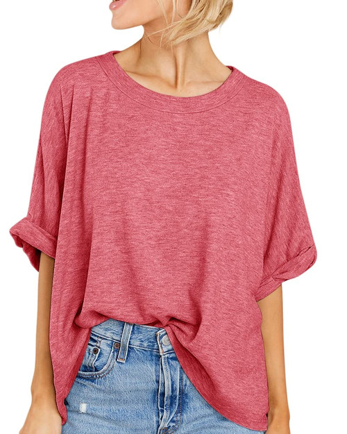 Womens Short Sleeve Oversized Tops Summer Crew Neck Loose Casual Tee T-Shirt Red