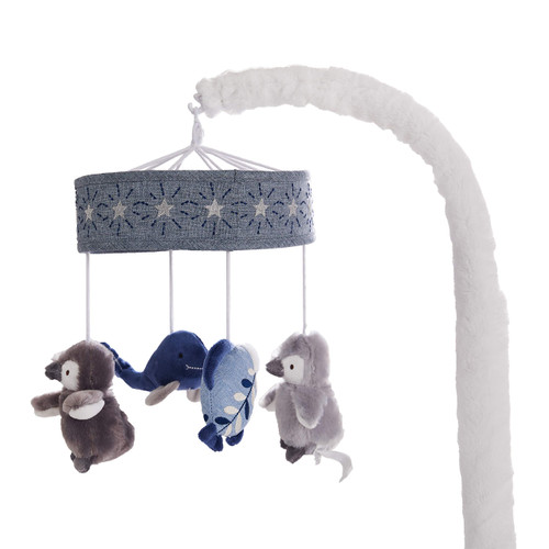 Levtex Baby - Boho Bay Musical Rotating Baby Crib Mobile - Plush Penguim, Whale and Fish - Navy, Blue, Grey and White - Nursery Accessories