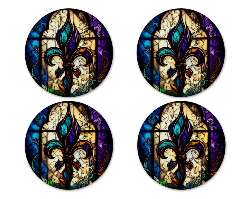 Fleur de Lis Stained Glass Design Mardi Gras Neoprene Drink Coasters (Set of 4) - Handmade by The Painted Pug