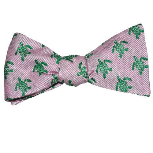 SummerTies Turtle Bow Tie - Green on Pink, Woven Silk, Adult Tie Yourself Bow Tie