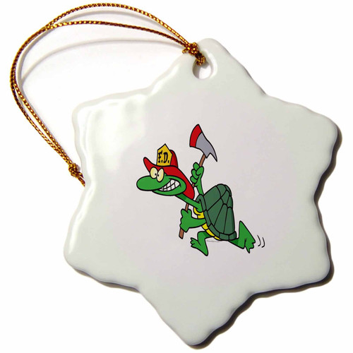 3dRose Funny Fireman Firefighter Turtle Cartoon Snowflake Ornament, 3"