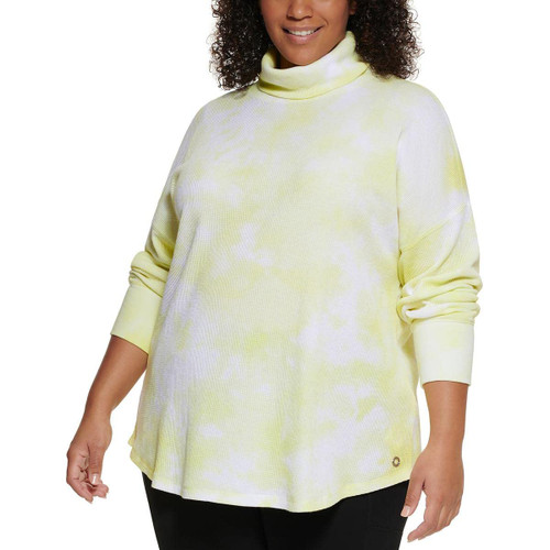 Calvin Klein Performance Womens Plus Casual Tie-Dye Turtleneck Top Yellow 1X