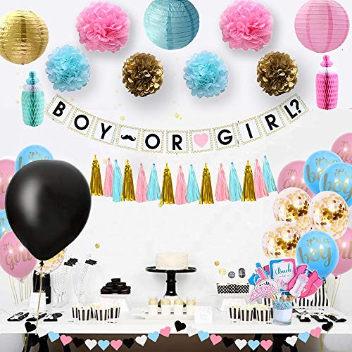 Gender Reveal Party Supplies | 36 Inch Gender Reveal Balloon, Boy or Girl Banner, Pink, Blue, Gold Confetti Balloons, Paper Lanterns, Pom Poms, Tassels, Photo Props | Gender Reveal