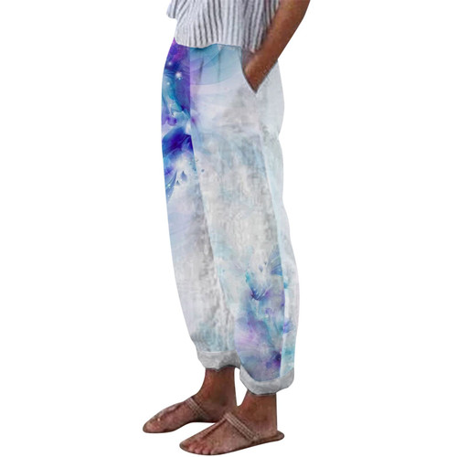 Bblulu Wide Leg Pants for Women,Summer Casual Pants Print Tapered Pants Elastic Waist Cotton Linen Pants Loose Lounge Pants Blue
