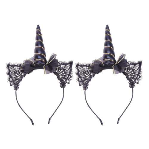 Lurrose Lace Cat Ears Unicorn Headbands, 2 Pcs Unicorn Horn Headbands Hairbands Lace Cat Ear Hair Hoops Headwears for Halloween Christmas Birthday Cosplay Costume