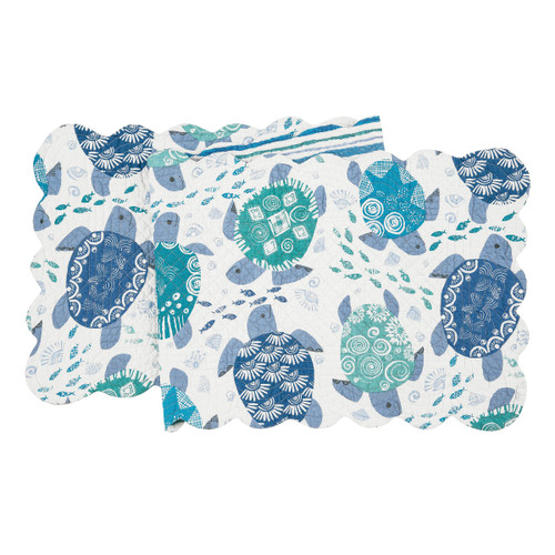 C&F Home Turtle Bay Quilted Reversible Rectangle Table Runner White Blue Teal Beach Coastal Nautical Reverse to Stripes Table Runner Blue