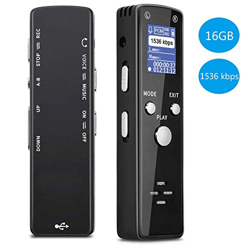 Digital Voice Recorder, 16GB 1536kbps Voice Activated Recorder Mini Portable Noise Reduction HD Audio Recorder Device Tape Dictaphone with Playback, USB, MP3 for Lectures, Meetings, Interviews