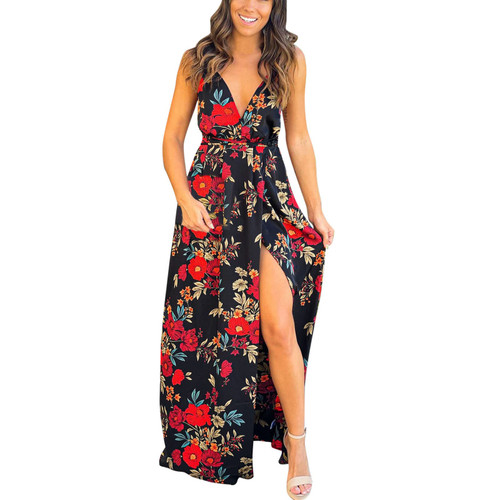 Womens Sexy Spaghetti Strap Deep V Neck Floral Boho Split Party Long Maxi Dress Evening Dresses for Women Elegant Red Womens Sexy Spaghetti Strap Deep V Neck Floral Boho Split Party Long Maxi Dress Evening Dresses for Women Elegant Red