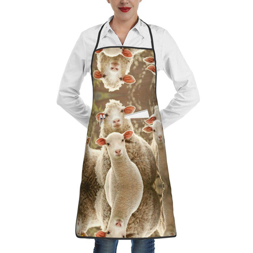 WURTON Sheep And Lambs Print Waterproof Cooking Apron Men Women Apron Kitchen Aprons With Pockets Cooking Baking