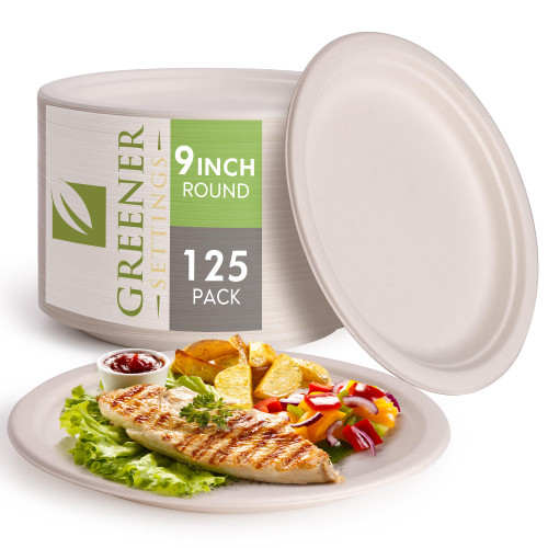 Greener Settings 100% Compostable 9 Inch Heavy-Duty Plates [125 Pack] - Eco-Friendly Disposable Bagasse Plates Made of Natural Sugarcane - Biodegradable Paper Plates