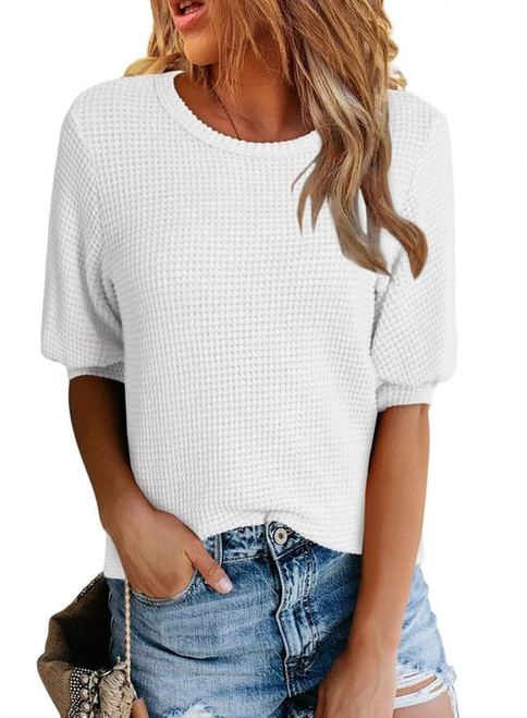 Dokotoo Plus Size Tops for Women 2024 Casual Crewneck Short Lantern Sleeve Blouse Waffle Knit Pullover Shirts Fashion Short Puff Sleeve White T Shirts Oversized Pullover Shirt X-Large